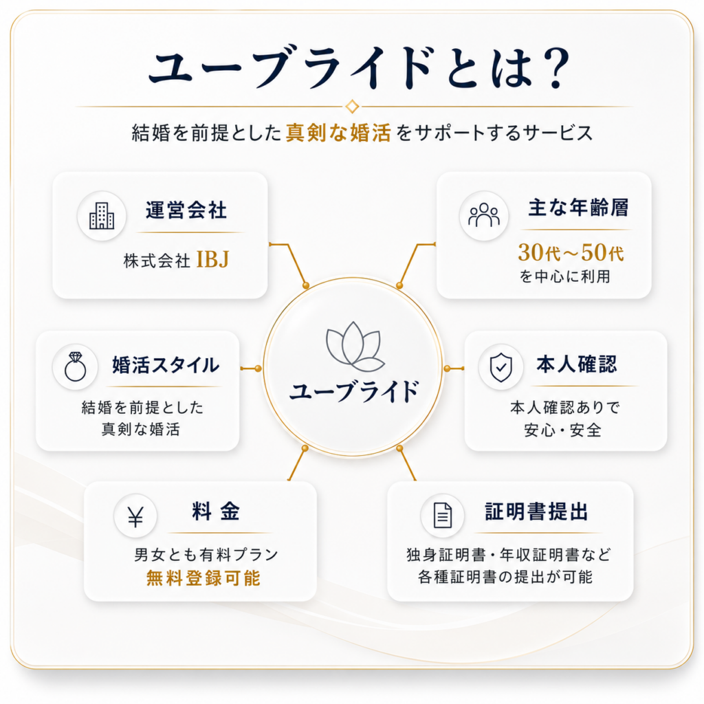 ユーブライドの特徴をまとめた概要図。運営会社、利用者層、本人確認、各種証明書、料金、婚活スタイルを分かりやすく紹介。