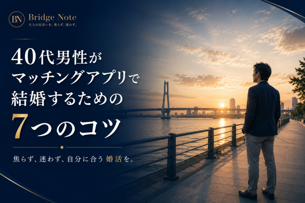 40代男性がマッチングアプリで結婚するための7つのコツを紹介するBridge Noteのアイキャッチ画像