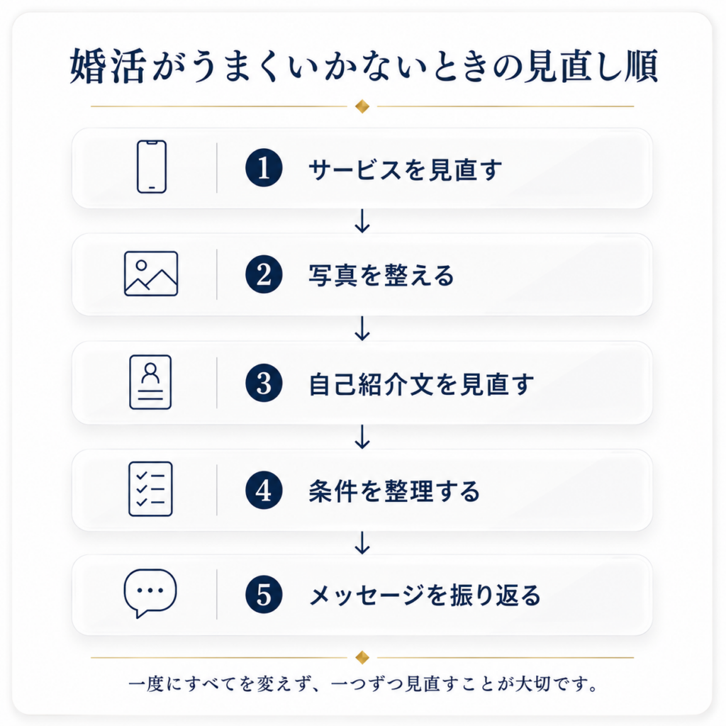 婚活がうまくいかないときの見直し手順をまとめたフローチャート