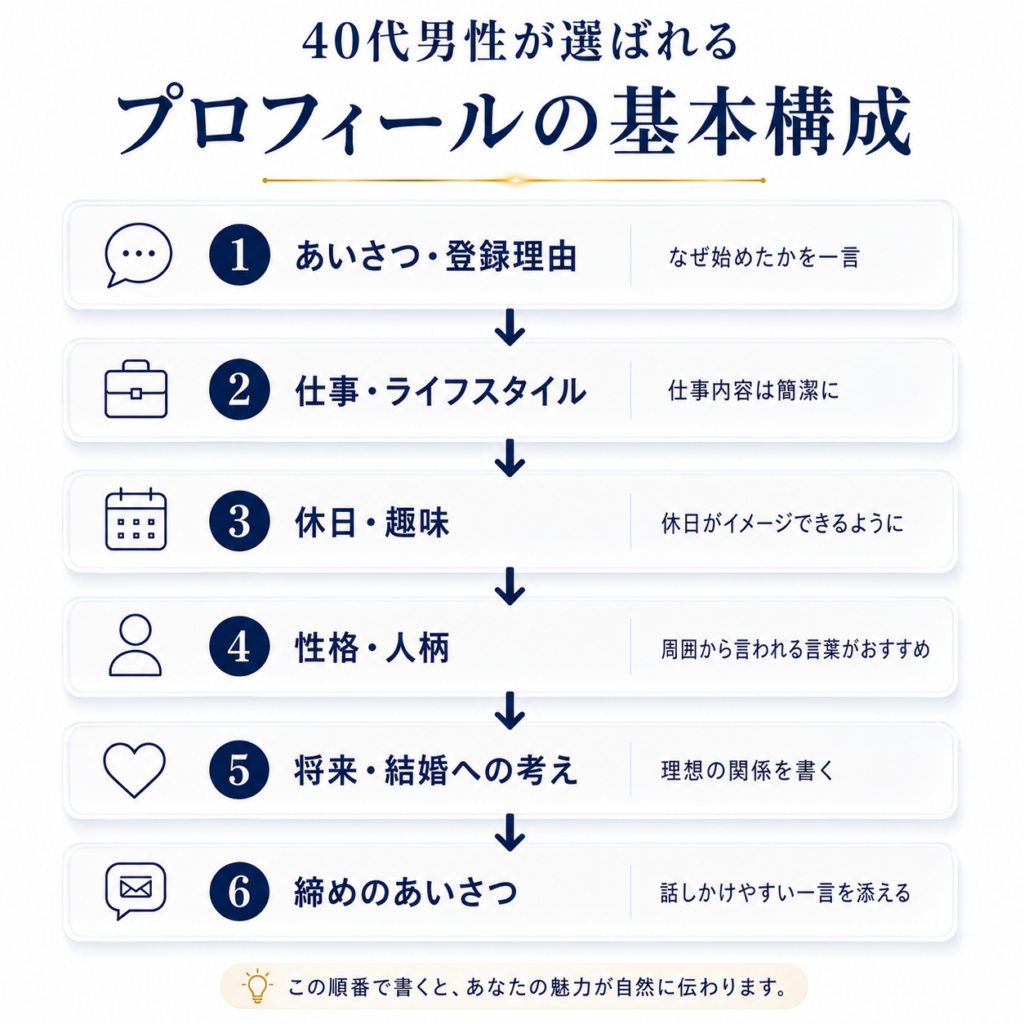 40代男性が選ばれるプロフィールの基本構成をまとめた図解