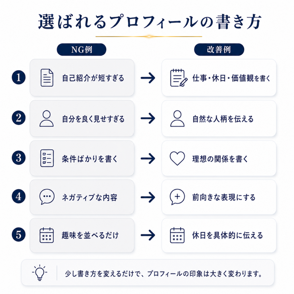 40代男性が選ばれるプロフィールの書き方と改善ポイントをまとめた図解