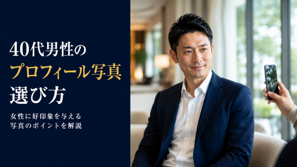 40代男性向けにマッチングアプリのプロフィール写真の選び方を解説するアイキャッチ画像