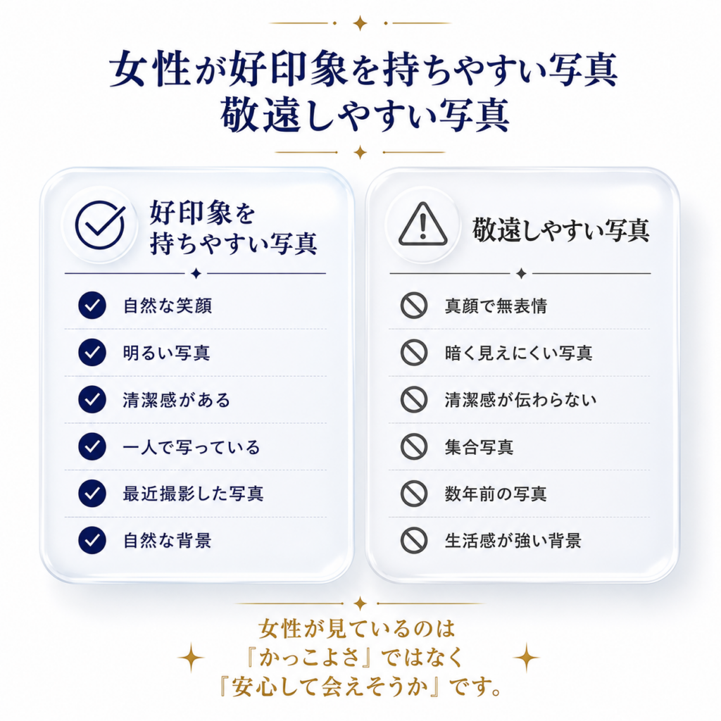 女性が好印象を持ちやすいプロフィール写真と敬遠しやすいプロフィール写真の違いを比較した図