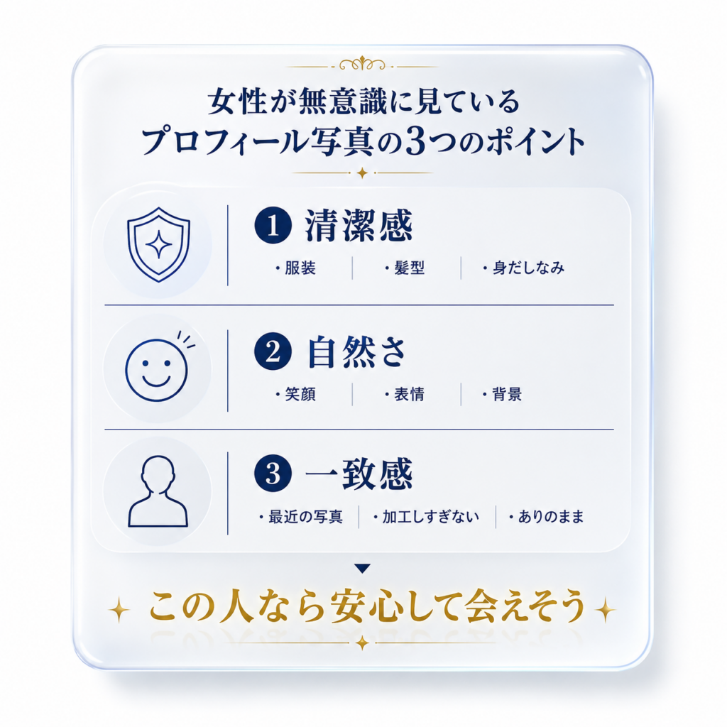 女性がプロフィール写真で無意識に見ている3つのポイントをまとめた概要図