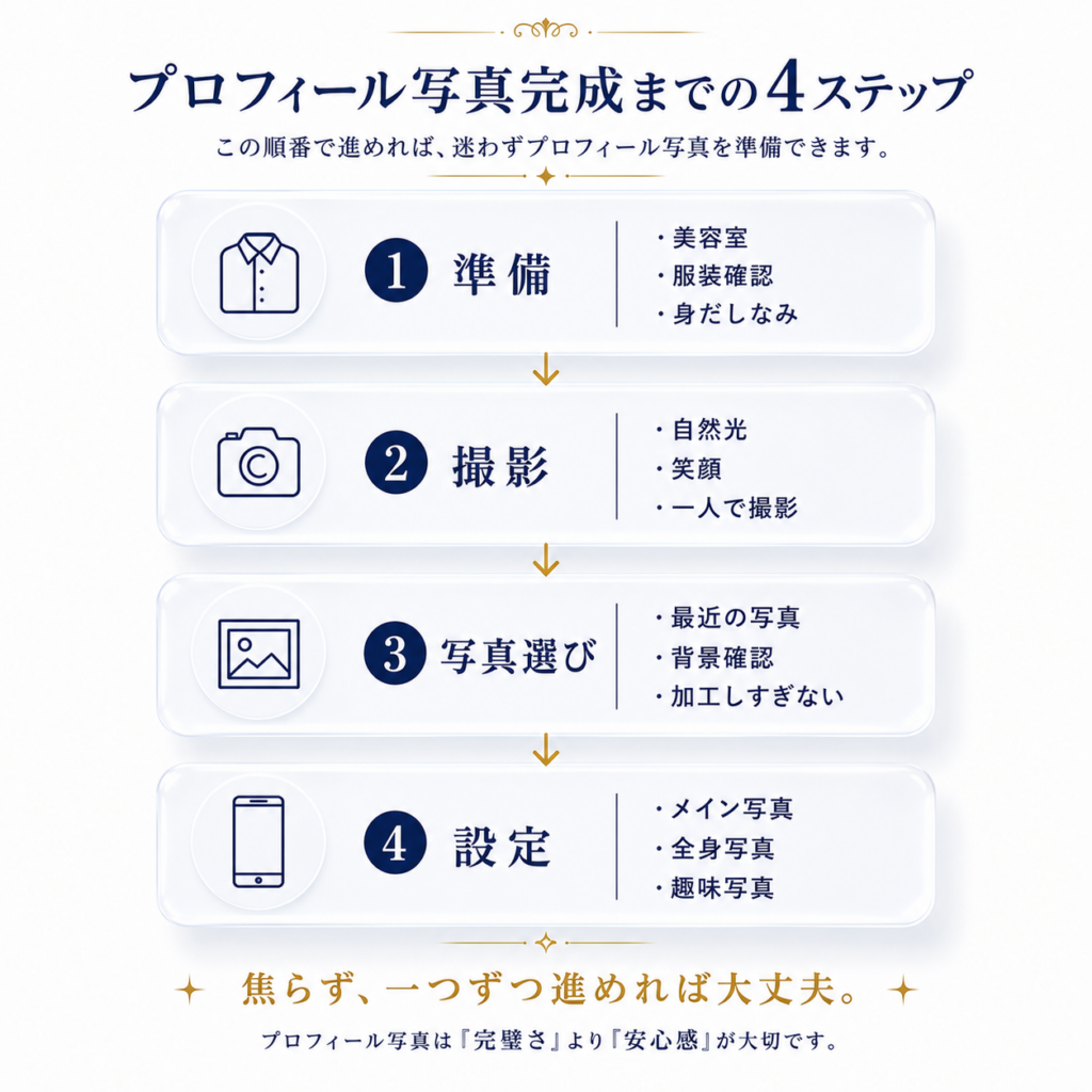 プロフィール写真を準備して完成させるまでの4つのステップをまとめたフローチャート