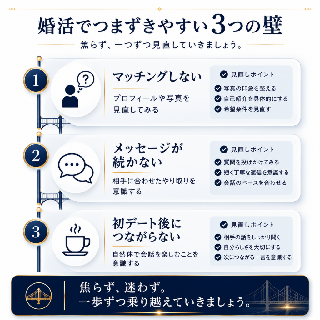 40代男性がマッチングアプリでつまずきやすい3つの壁と見直しポイントをまとめた図解