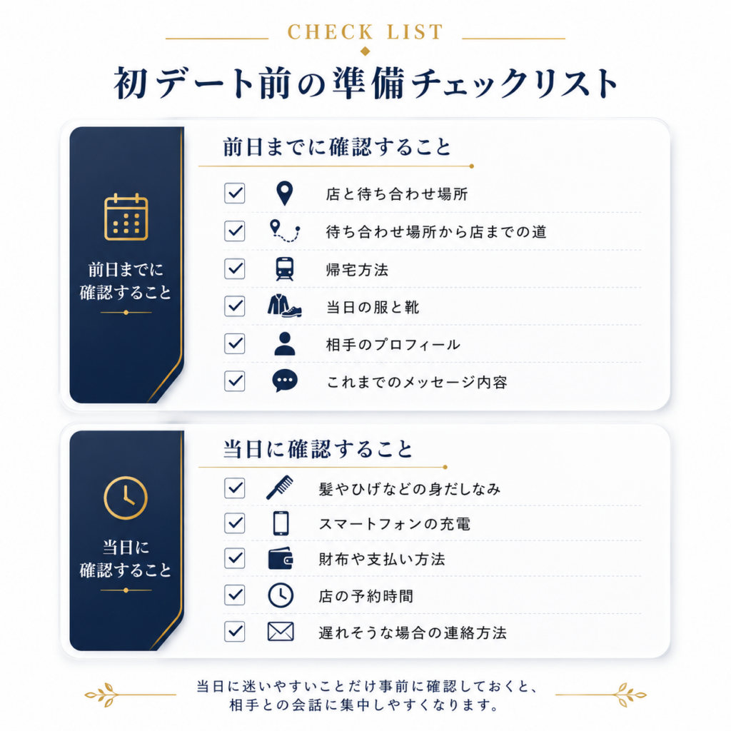 マッチングアプリ初デート前の準備チェックリストをまとめた図解