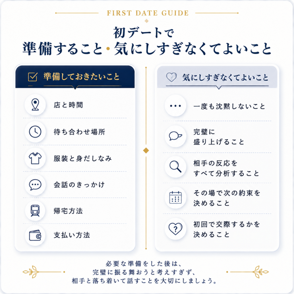 初デートで準備することと気にしすぎなくてよいことを比較した図解