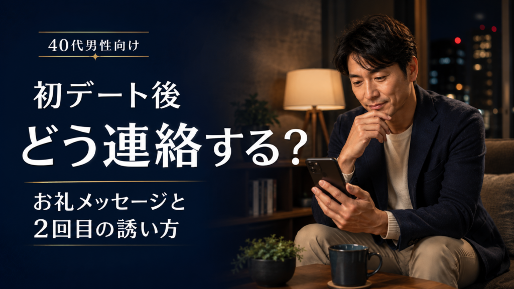 40代男性が初デート後にスマートフォンでお礼メッセージを考えている様子を表したアイキャッチ画像