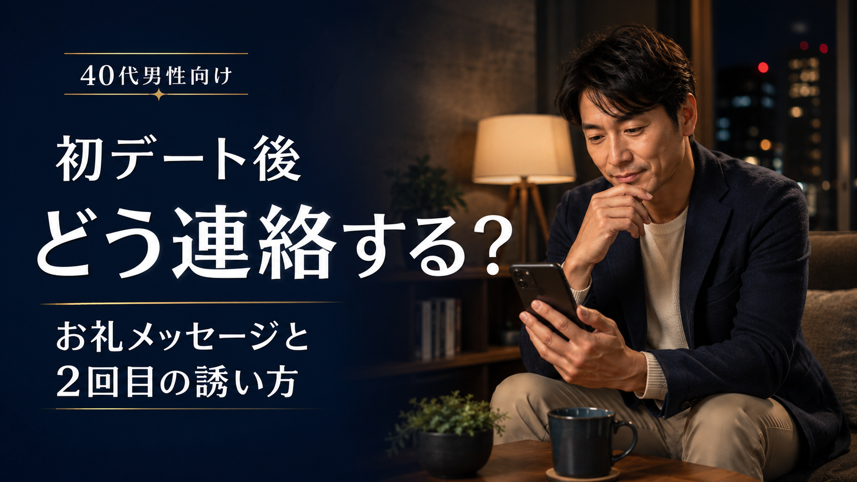 40代男性が初デート後にスマートフォンでお礼メッセージを考えている様子を表したアイキャッチ画像