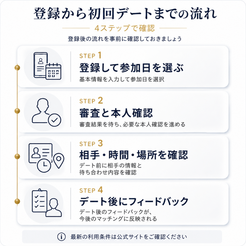 バチェラーデートの登録から初回デート後のフィードバックまでを4ステップで示した図解
