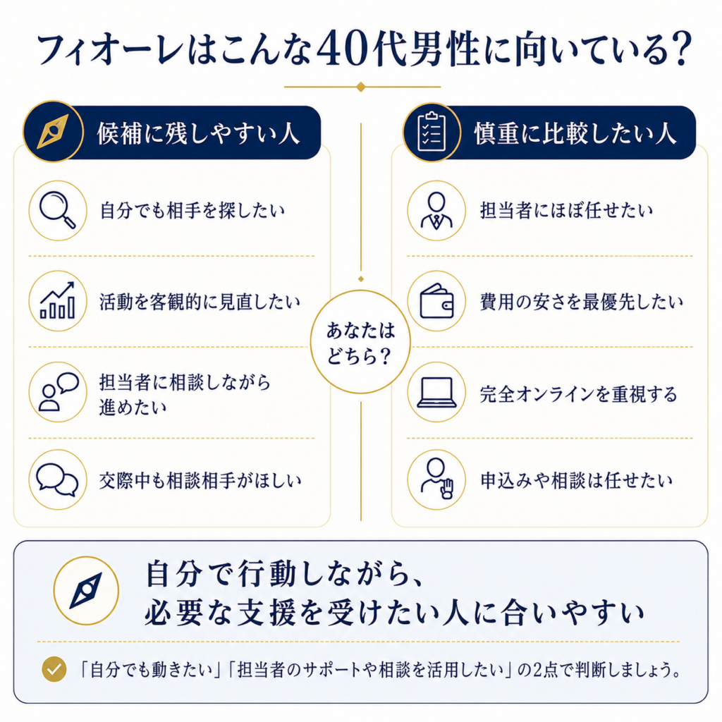 フィオーレが向いている40代男性と比較検討した方がよい40代男性の特徴をまとめた図