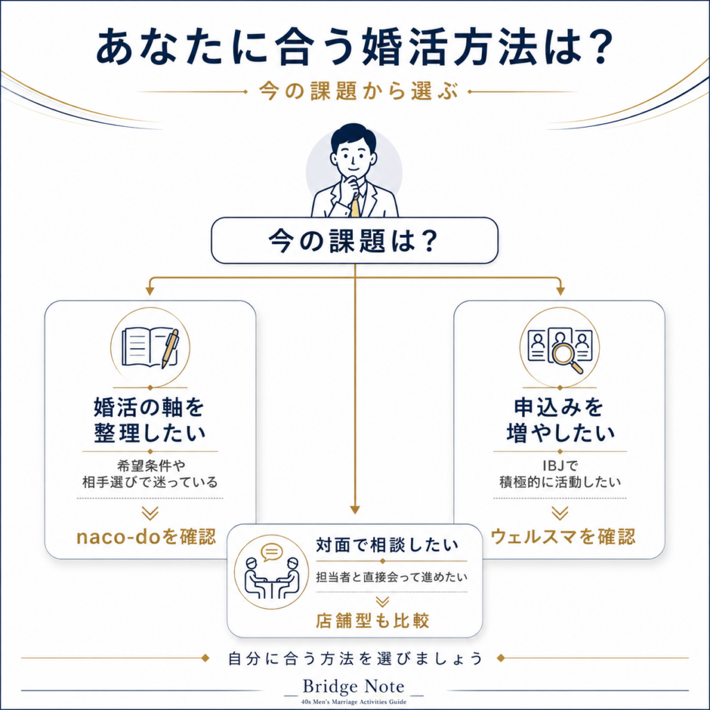 婚活の課題からnaco-do、ウェルスマ、店舗型を選ぶ判断フロー
