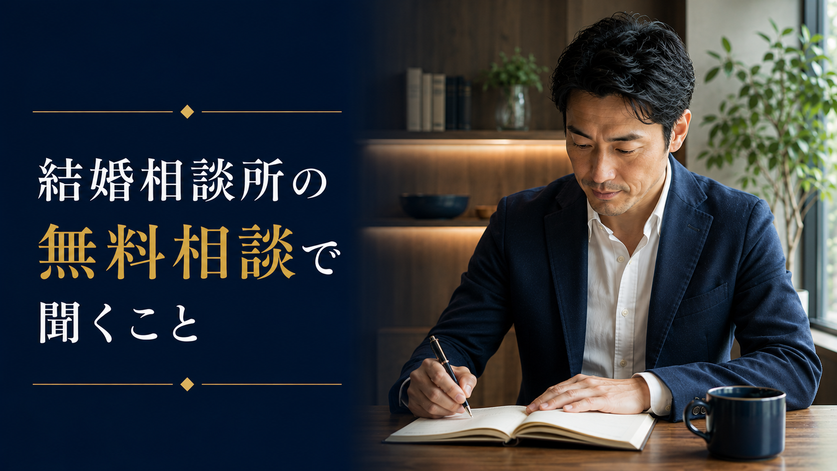 結婚相談所の無料相談で聞くことをノートに整理する40代男性