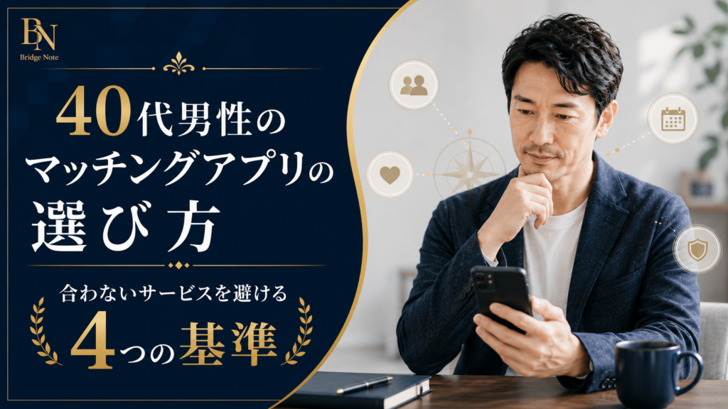 40代男性がマッチングアプリを選ぶ4つの基準を紹介するアイキャッチ画像