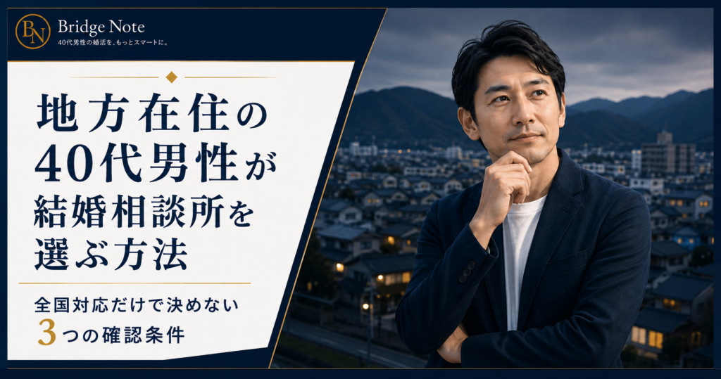 地方都市を背景に、結婚相談所選びを考える40代男性と「全国対応だけで決めない3つの確認条件」の文字を配置したアイキャッチ画像
