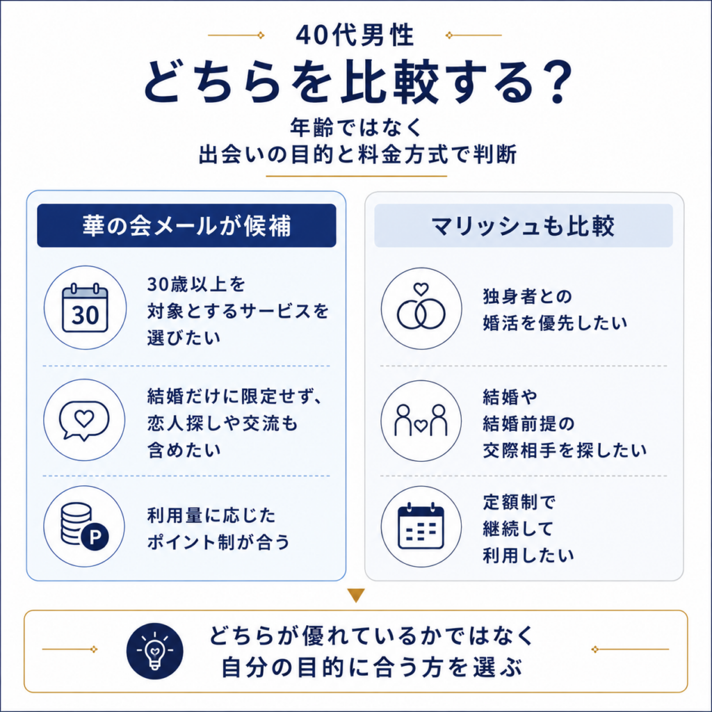 40代男性が華の会メールとマリッシュを出会いの目的と料金方式から比較する判断図