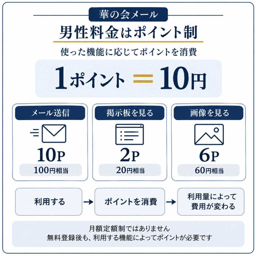 華の会メールの男性料金がポイント制で、メール送信など利用する機能に応じて費用が変わる仕組み