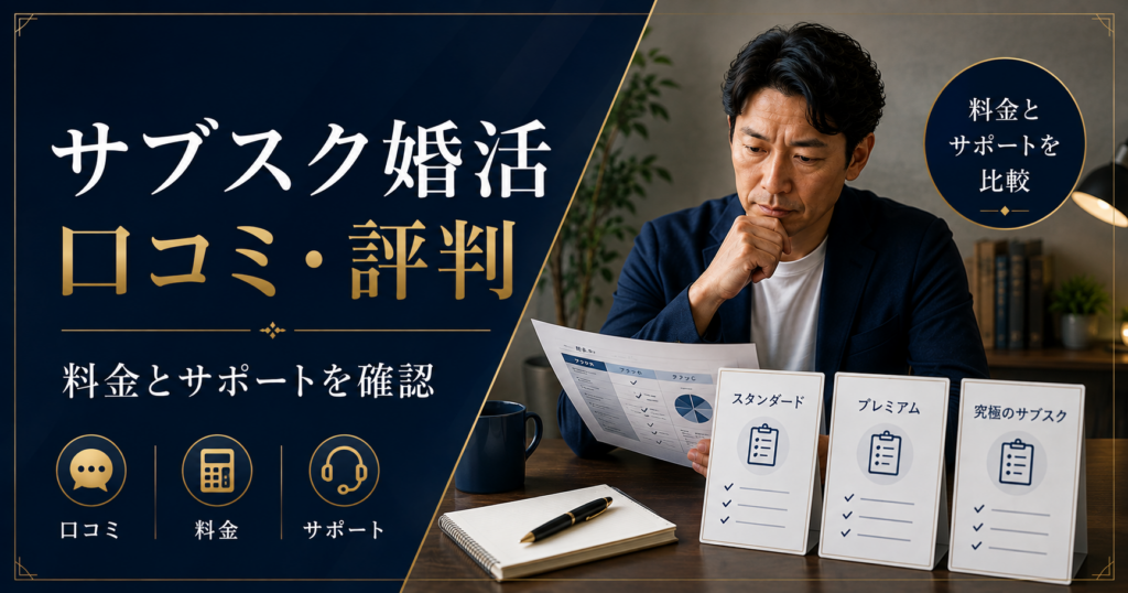 サブスク婚活の口コミ・評判、料金とサポートを確認する40代男性向け記事のアイキャッチ