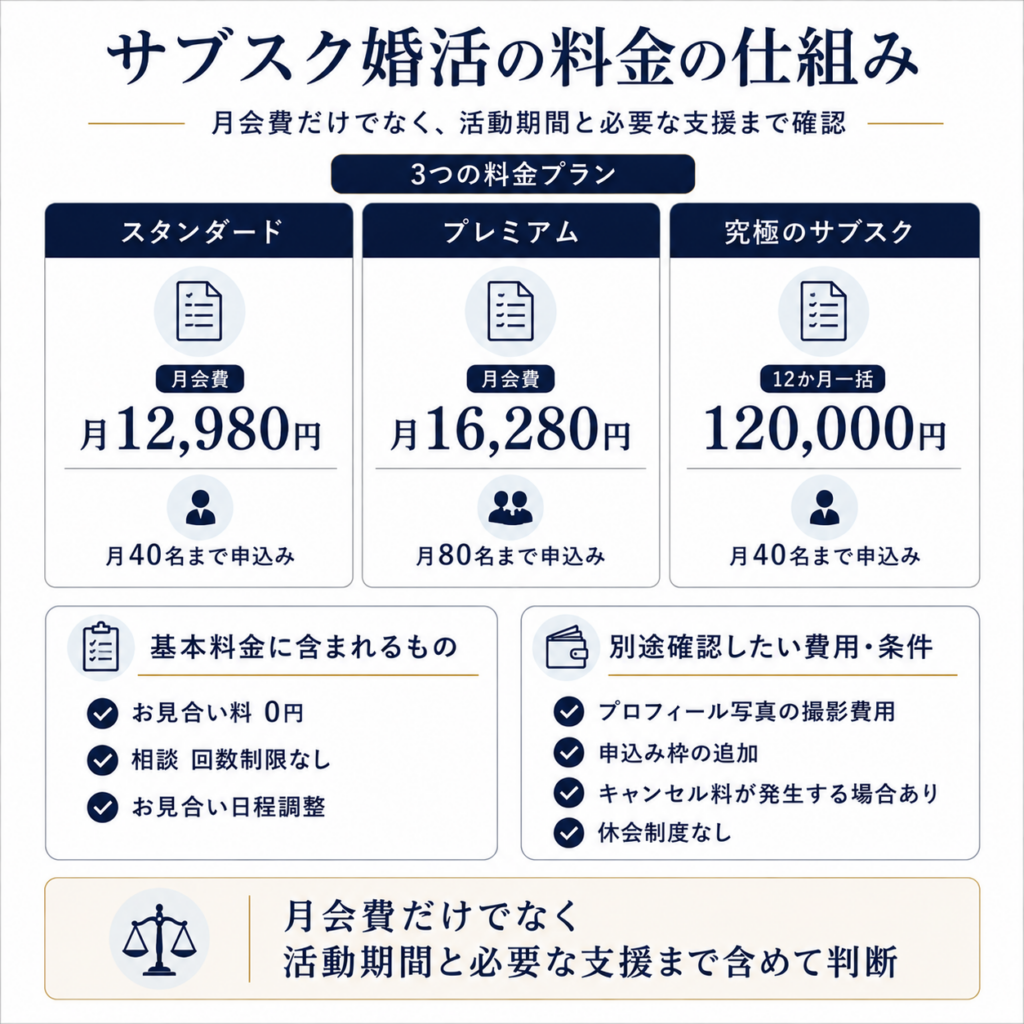 サブスク婚活の3つの料金プランと基本料金に含まれる内容、追加で確認したい費用や条件
