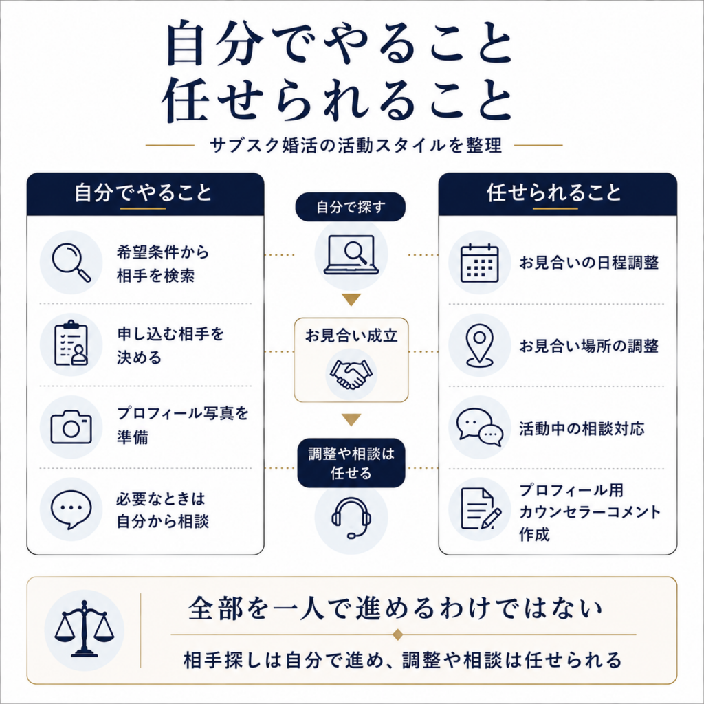 サブスク婚活で自分で行う相手探しや写真準備と、相談所に任せられるお見合い調整や相談の違い