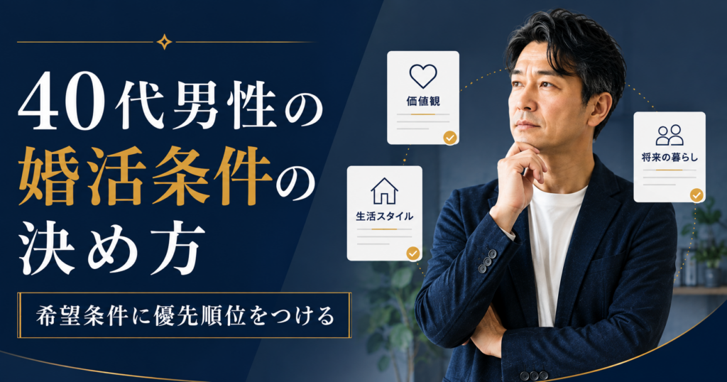 40代男性が結婚相手に求める婚活条件と優先順位を整理するイメージ