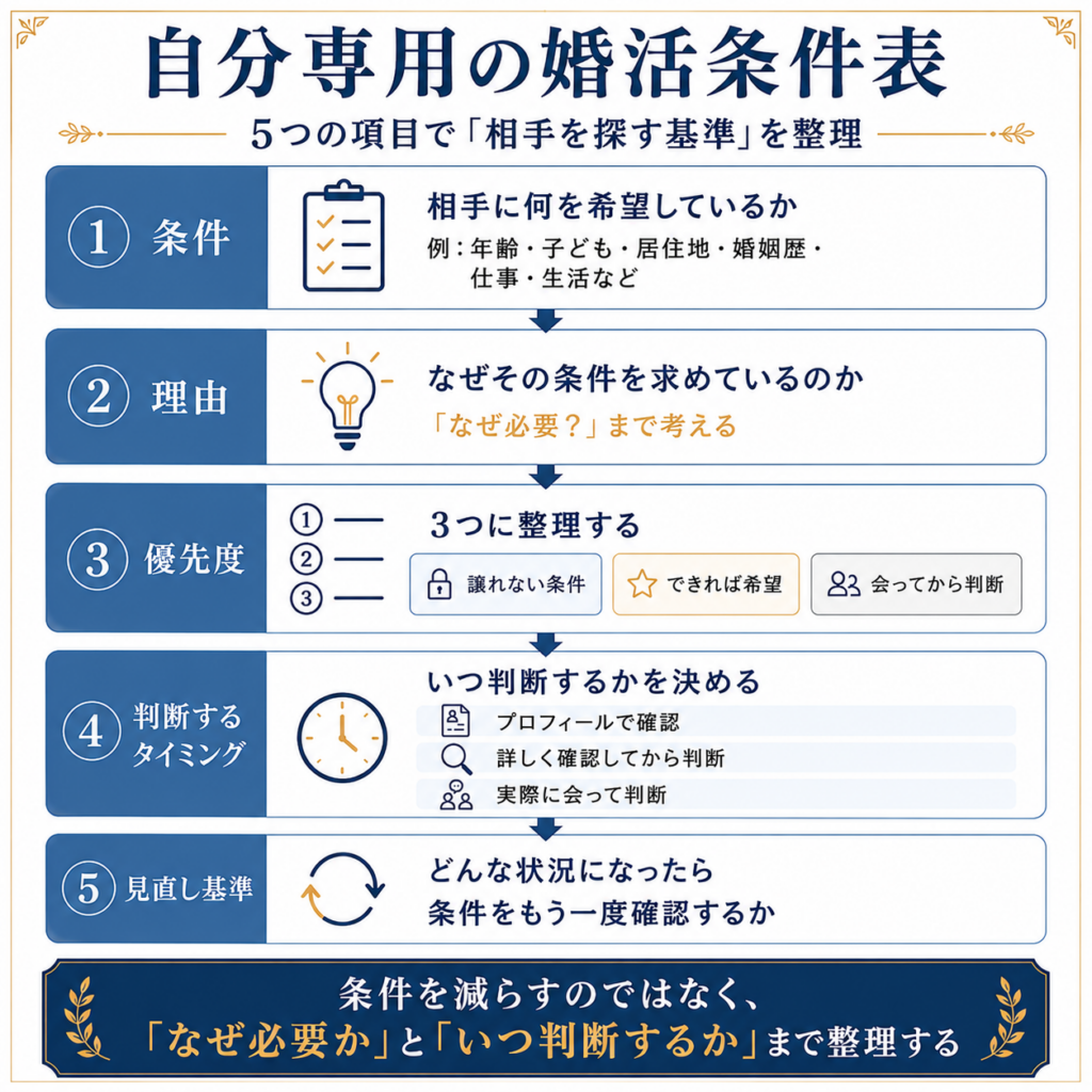 婚活条件を理由・優先度・判断するタイミング・見直し基準で整理する自分専用の婚活条件表
