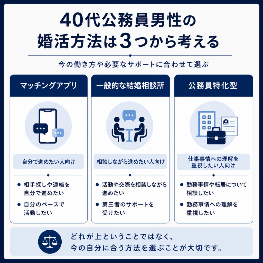 40代公務員男性向けに、マッチングアプリ・一般的な結婚相談所・公務員特化型の3つの婚活方法を比較した図解