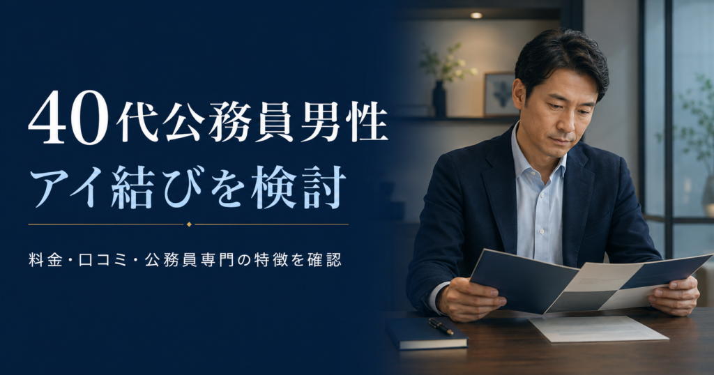 40代公務員男性がアイ結びの料金や特徴を資料で比較検討しているイメージ