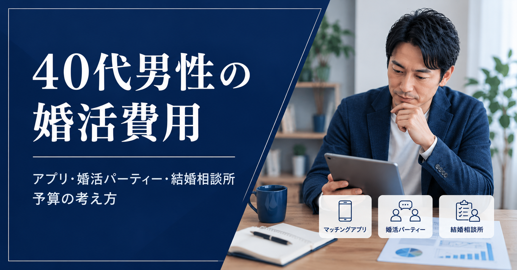 40代男性がアプリ・婚活パーティー・結婚相談所の費用と予算を比較しているイメージ