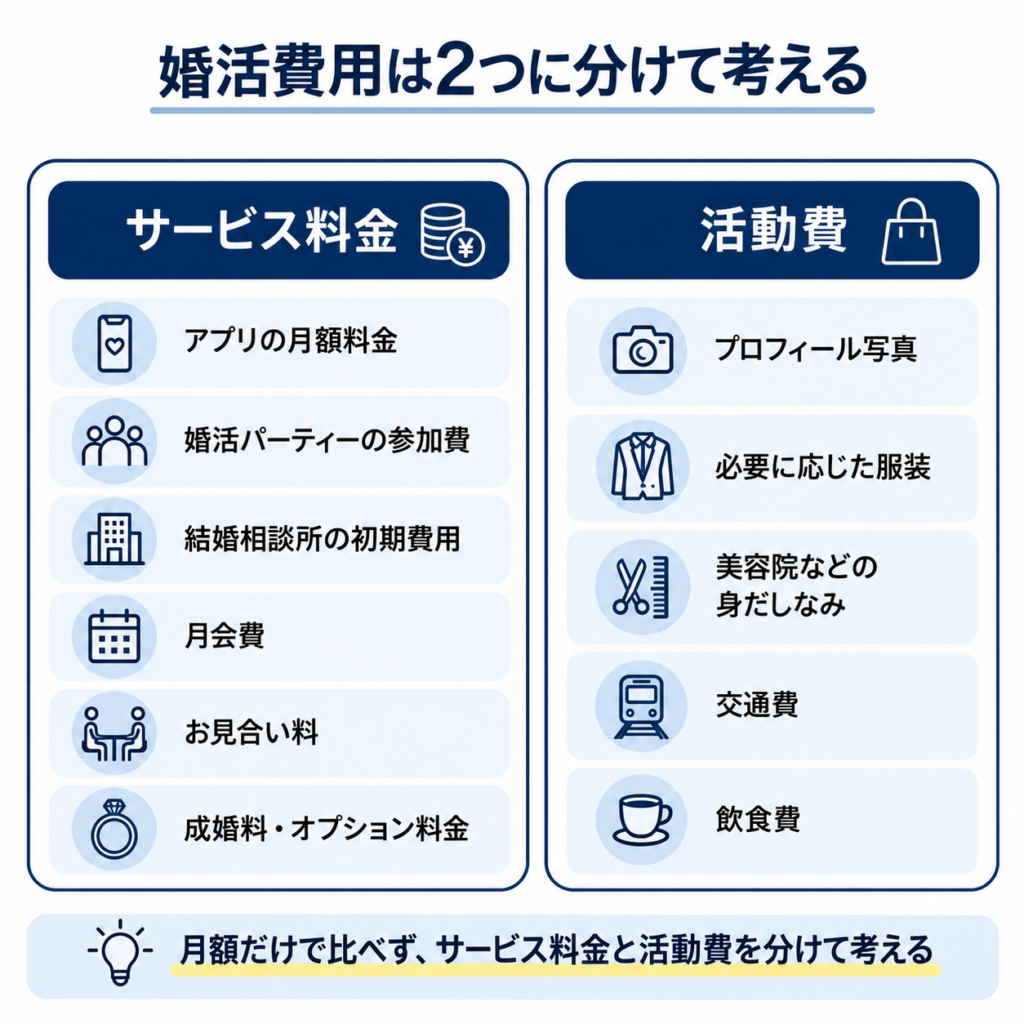 婚活費用をサービス料金と活動費の2つに分けて整理した図解