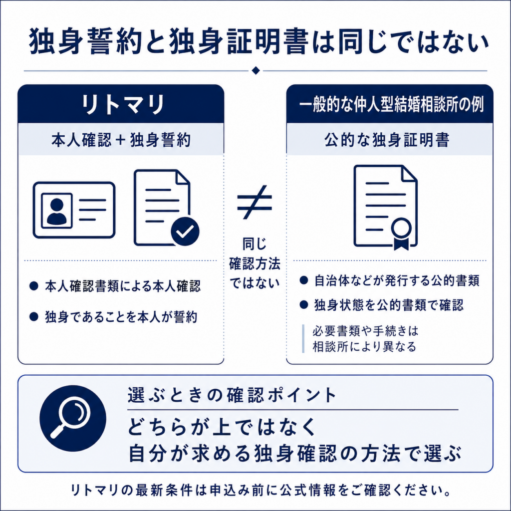 リトマリの本人確認＋独身誓約と公的な独身証明書の違いを比較した図解