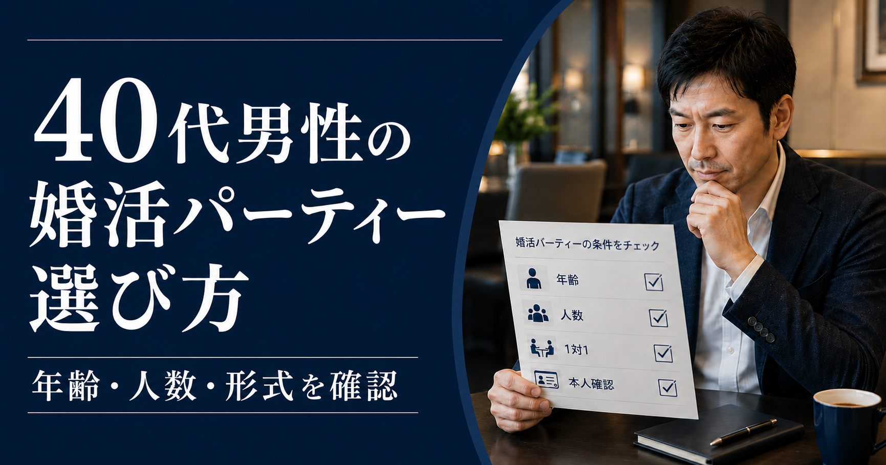 40代男性の婚活パーティーの選び方を解説するBridge Note記事のアイキャッチ