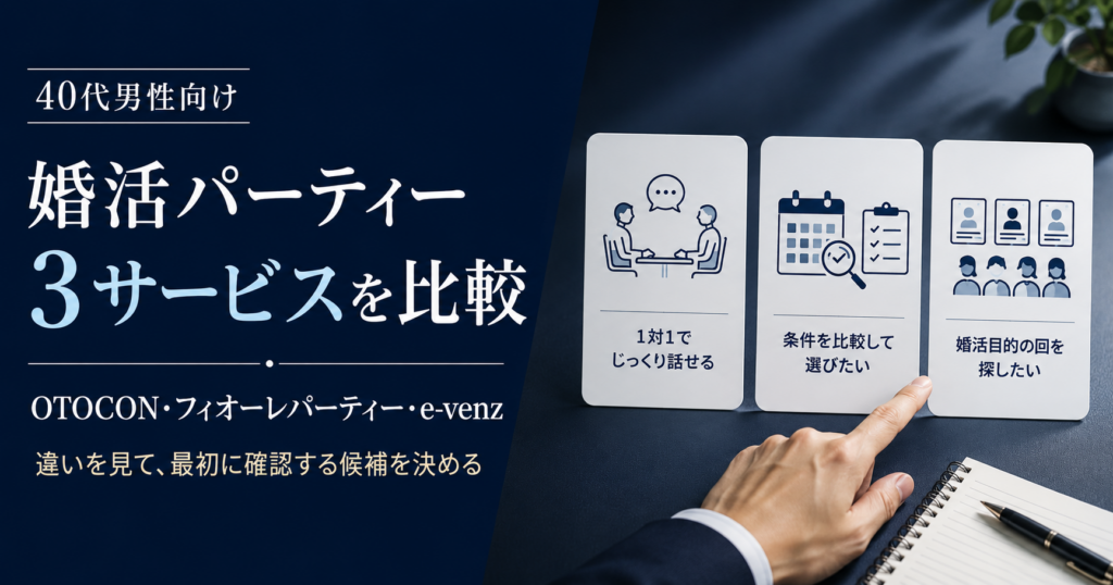 40代男性向けにOTOCON・フィオーレパーティー・e-venzの3サービスを比較するイメージ