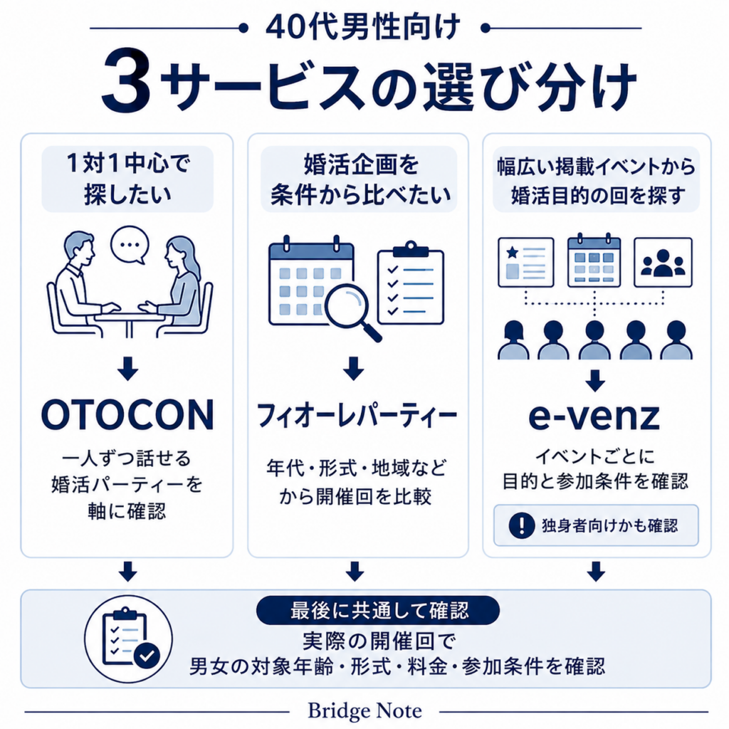 40代男性向けにOTOCON・フィオーレパーティー・e-venzの選び分けを示した図解