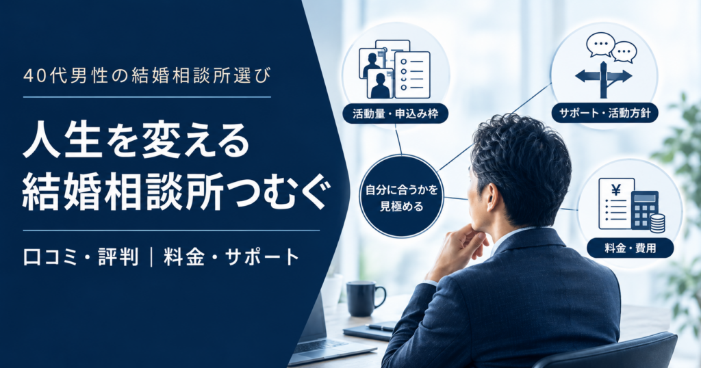 人生を変える結婚相談所つむぐを検討する40代男性が、活動量・サポート・料金を比較しているイメージ