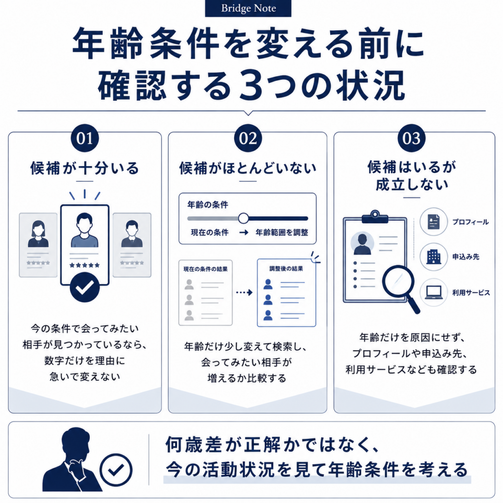 年齢条件を変える前に確認したい3つの状況を示した図解。候補が十分いる場合、候補がほとんどいない場合、候補はいるが成立しない場合に分けて判断方法を整理している