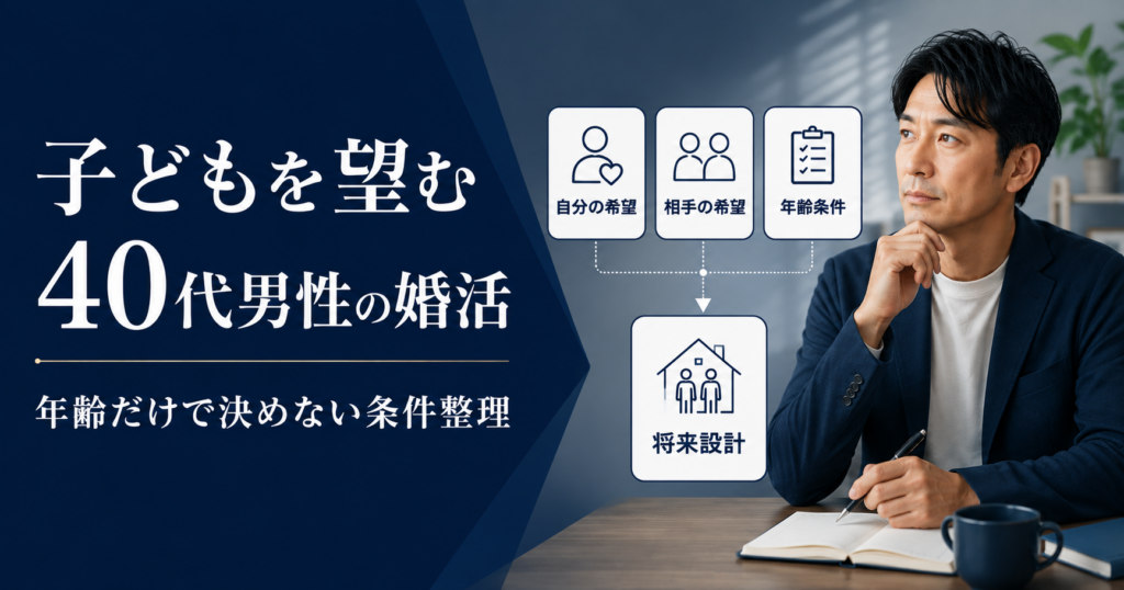 子どもを望む40代男性が自分の希望・相手の希望・年齢条件から婚活条件を整理する記事のアイキャッチ