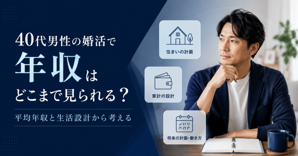 40代男性の婚活で年収をどう考えるか、平均年収と結婚後の生活設計から整理する記事のアイキャッチ