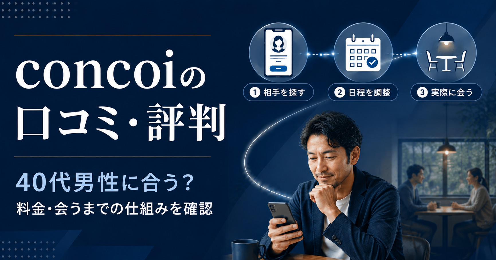 concoiの口コミ・評判と40代男性との相性、料金・会うまでの仕組みを解説するアイキャッチ画像