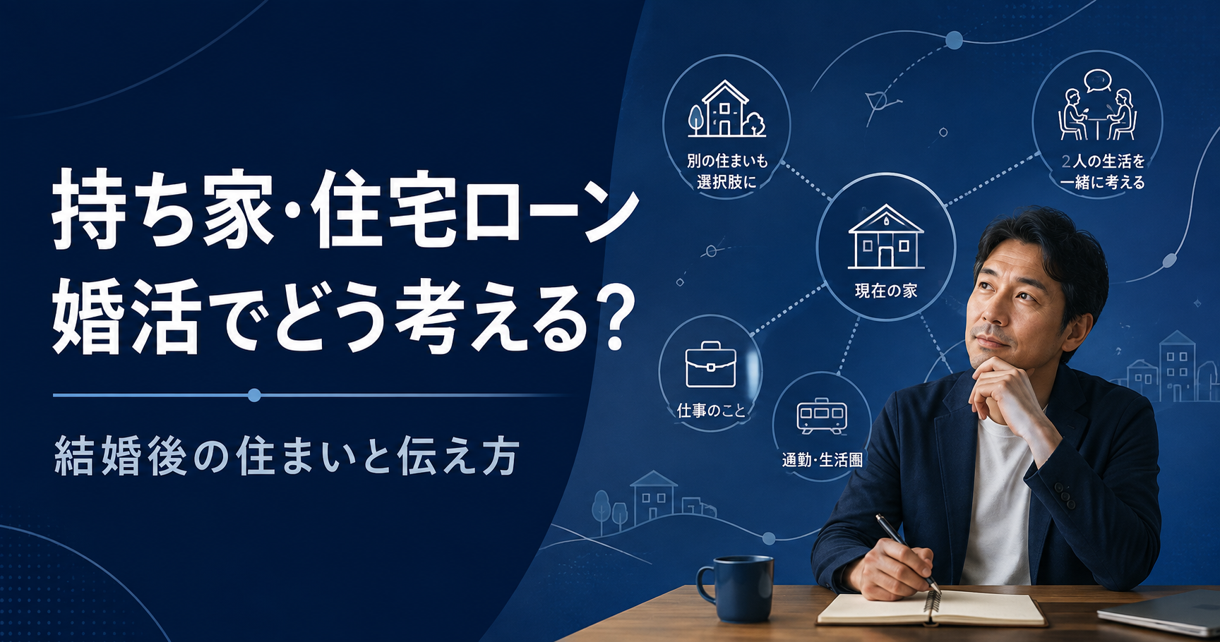 持ち家と住宅ローンがある40代男性が結婚後の住まいと婚活条件を考えるイメージ