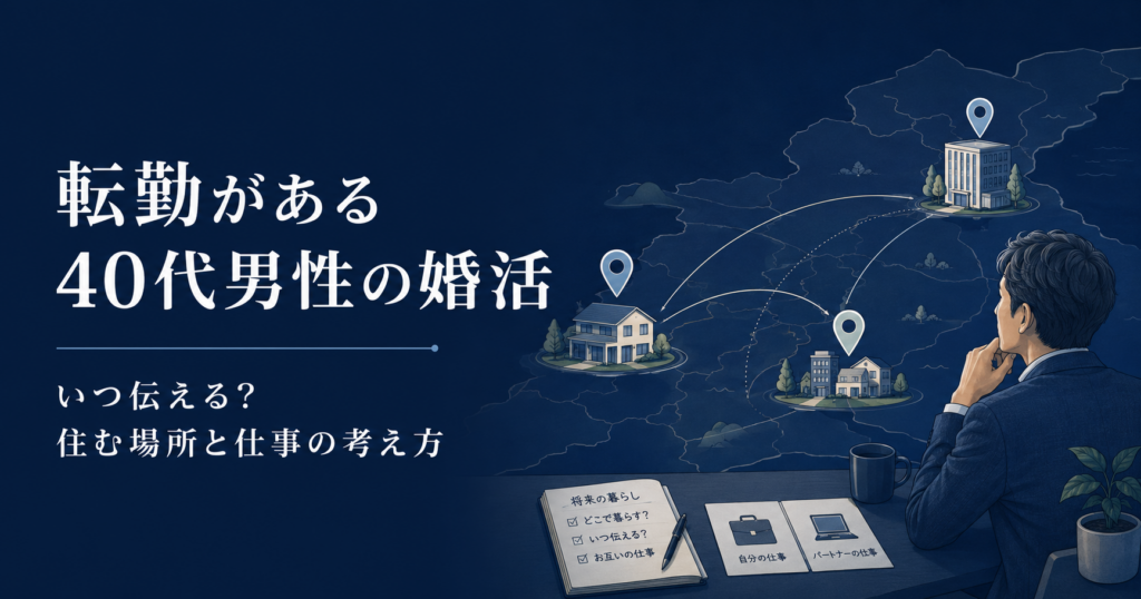 転勤がある40代男性が複数の勤務地や将来の住まい、自分と相手の仕事を見ながら結婚後の生活拠点を考えているアイキャッチ画像