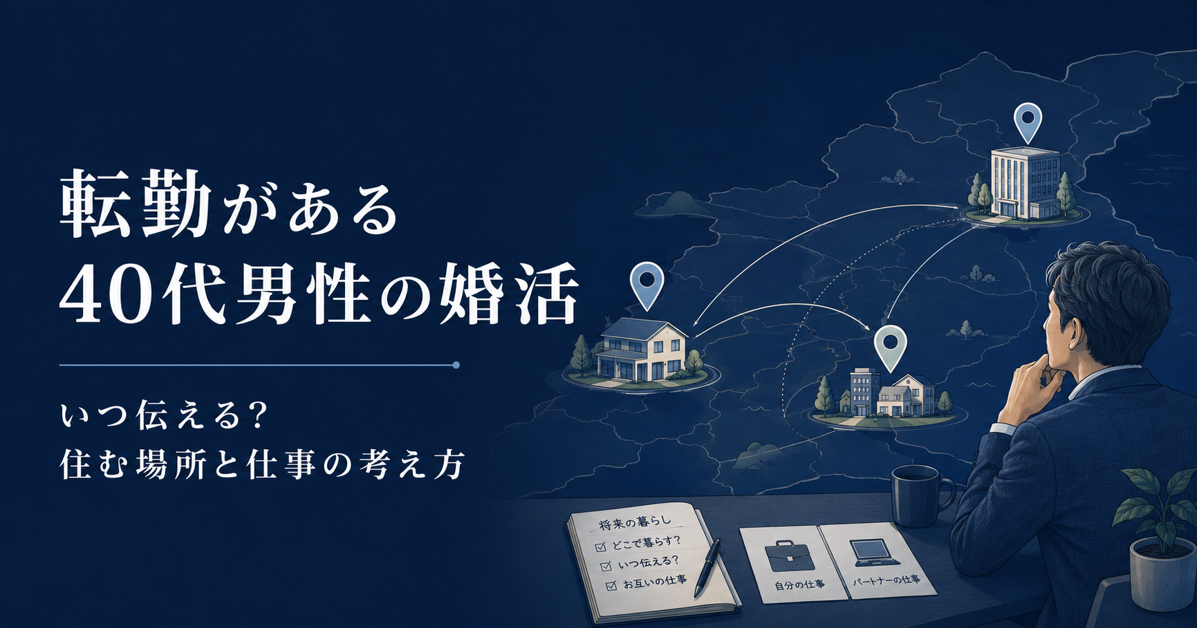転勤がある40代男性が複数の勤務地や将来の住まい、自分と相手の仕事を見ながら結婚後の生活拠点を考えているアイキャッチ画像