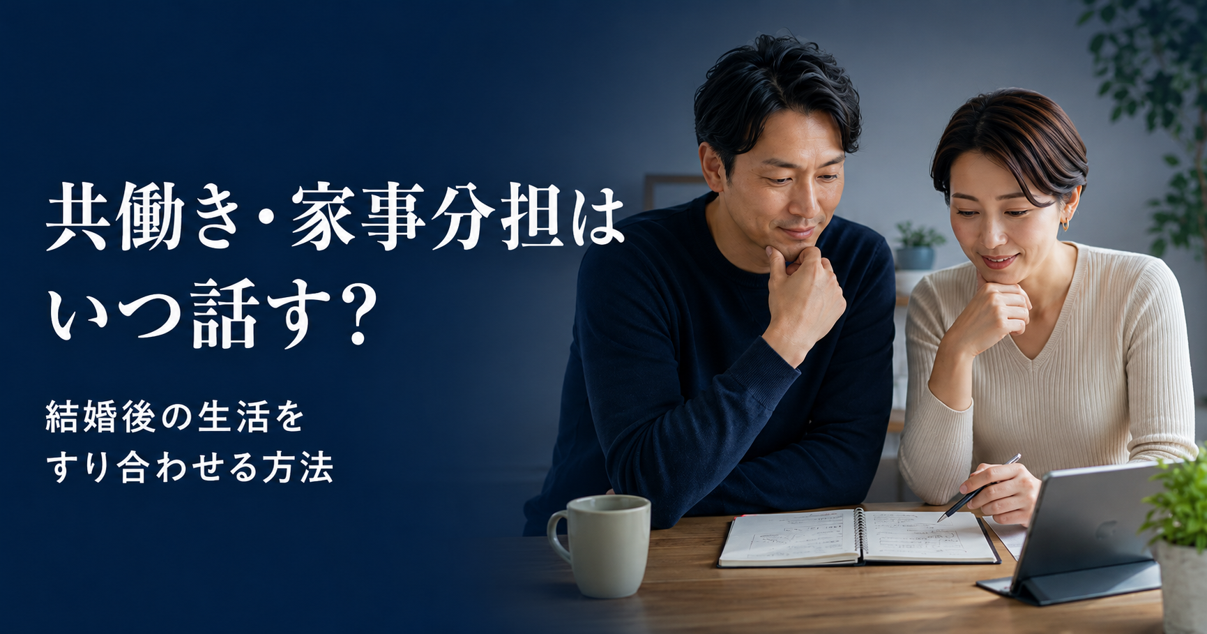 40代男性の婚活で共働きと家事分担について結婚後の生活を話し合う男女
