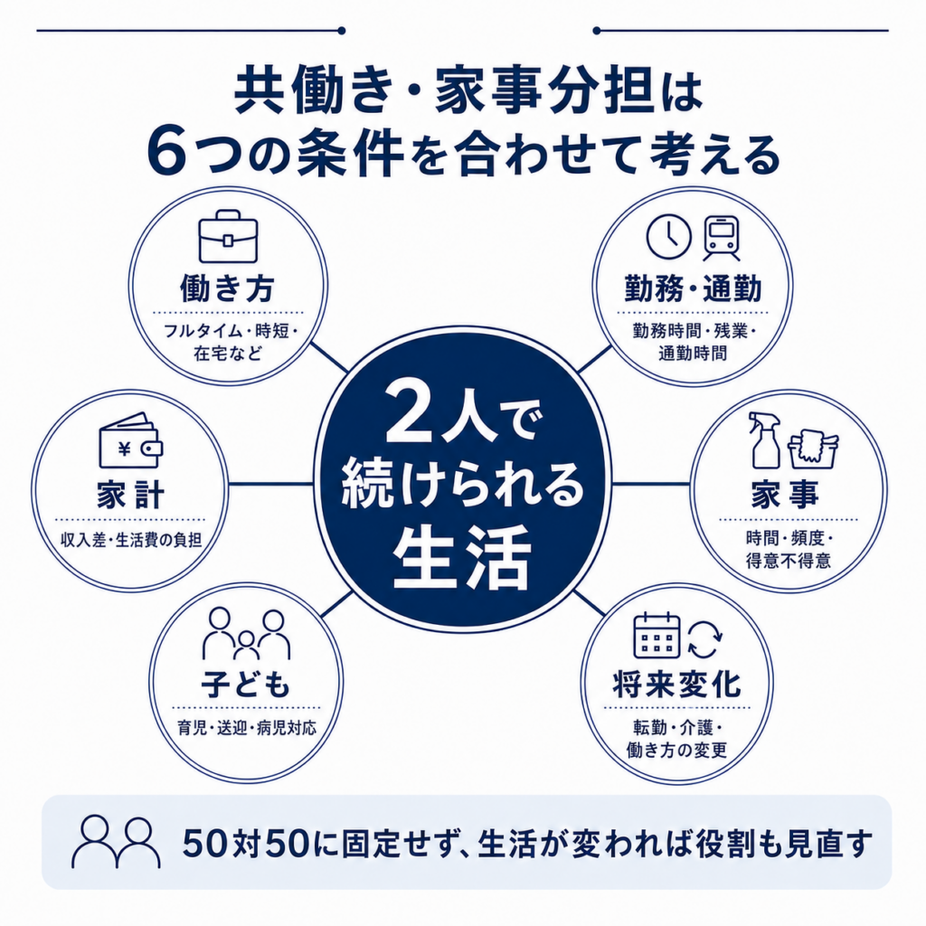 共働きと家事分担を働き方・勤務通勤・家計・家事・子ども・将来変化の6条件から考える図解