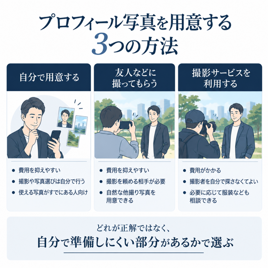 プロフィール写真を自分で用意する、友人などに撮ってもらう、撮影サービスを利用する3つの方法の比較