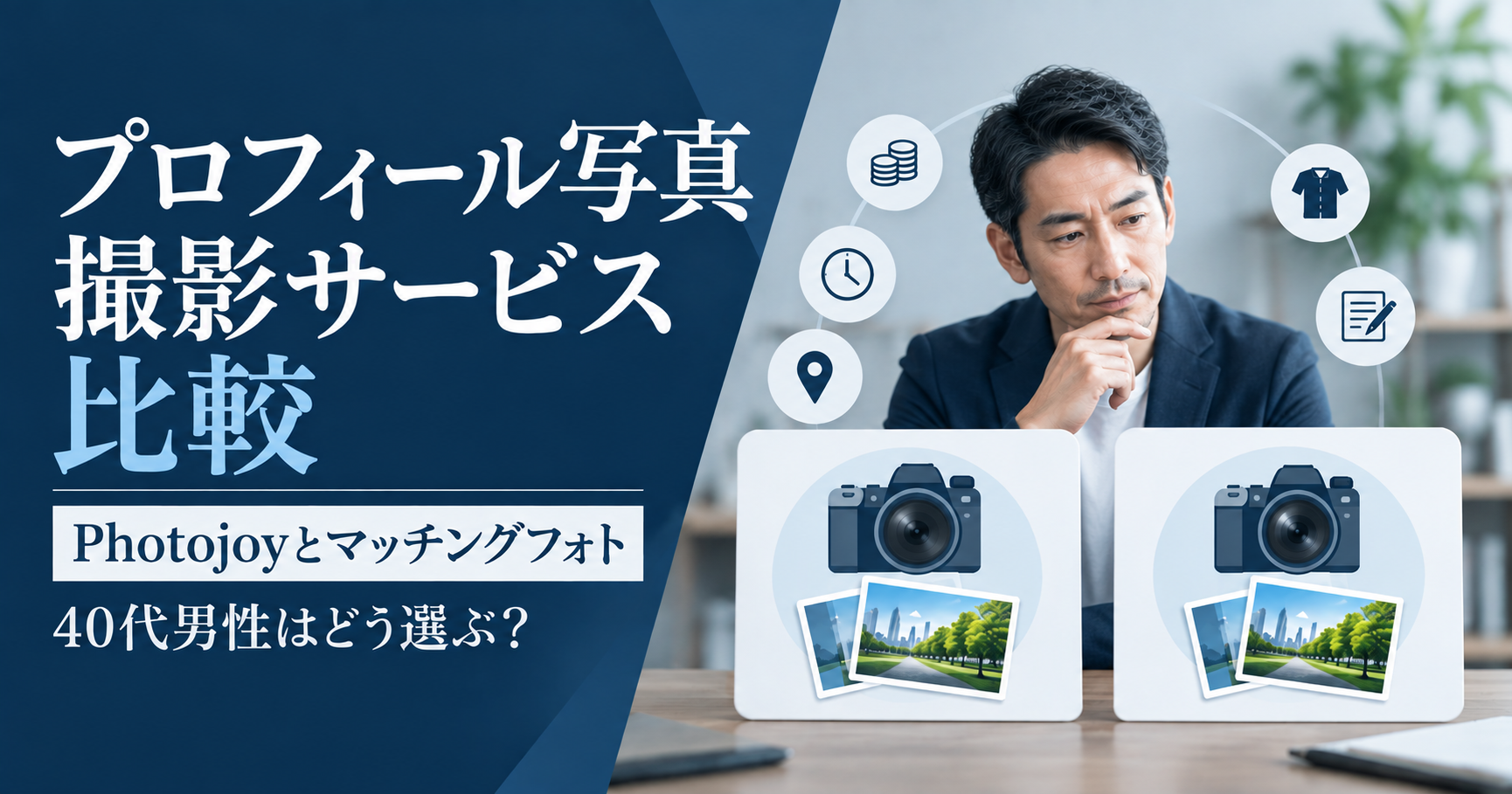 Photojoyとマッチングフォトのプロフィール写真撮影サービスを比較する40代男性