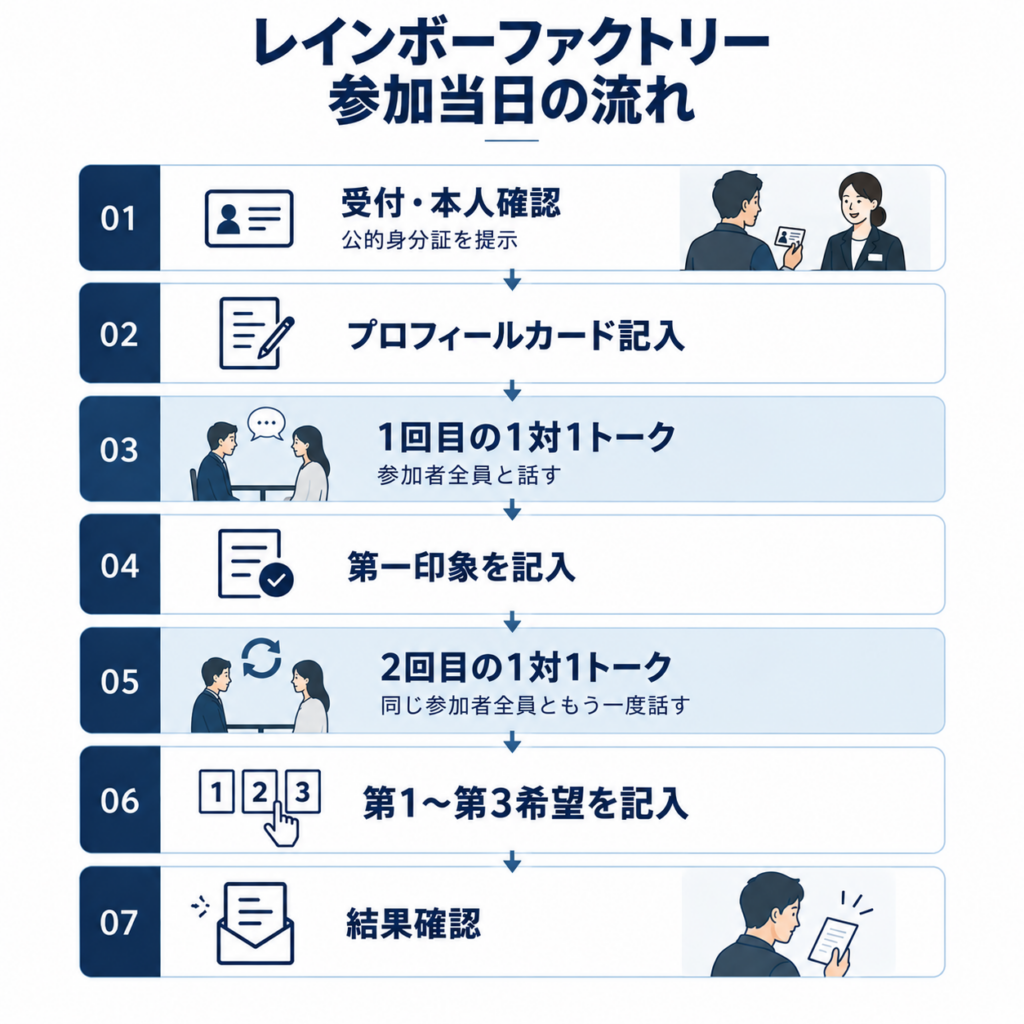 レインボーファクトリーの婚活パーティー当日の流れ。受付・本人確認からプロフィールカード、2回の1対1トーク、希望記入、結果確認まで