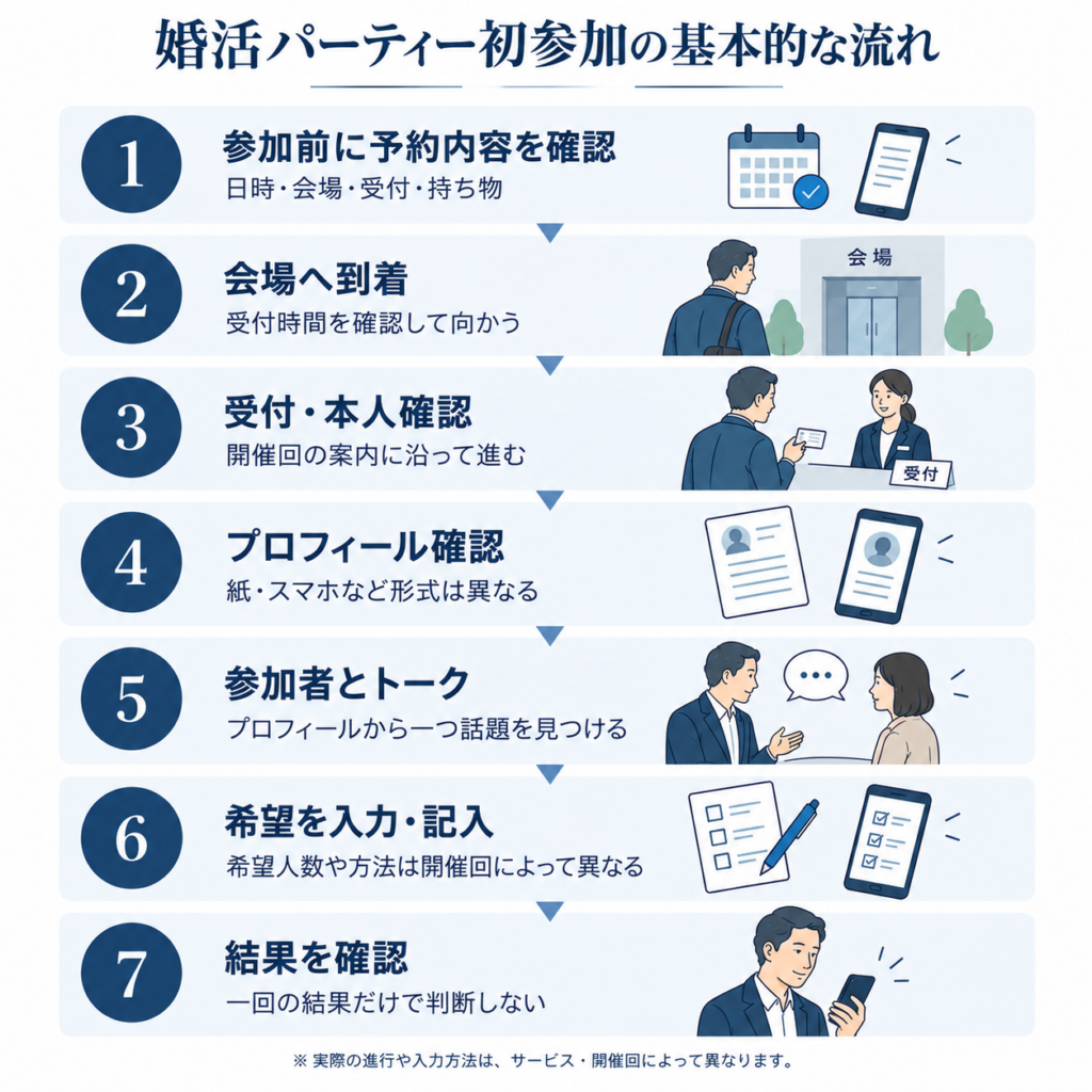 婚活パーティー初参加で予約確認から受付、プロフィール確認、トーク、希望入力、結果確認まで進む基本的な流れ