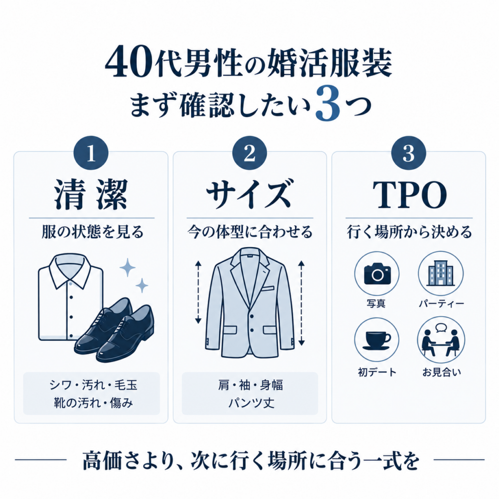 40代男性の婚活服装で確認したい清潔・サイズ・TPOの3つのポイント